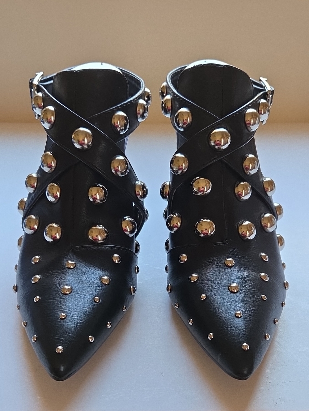 Krush since 1970 Black Studded Pointed-Toe Heeled Shoes, Size US 8